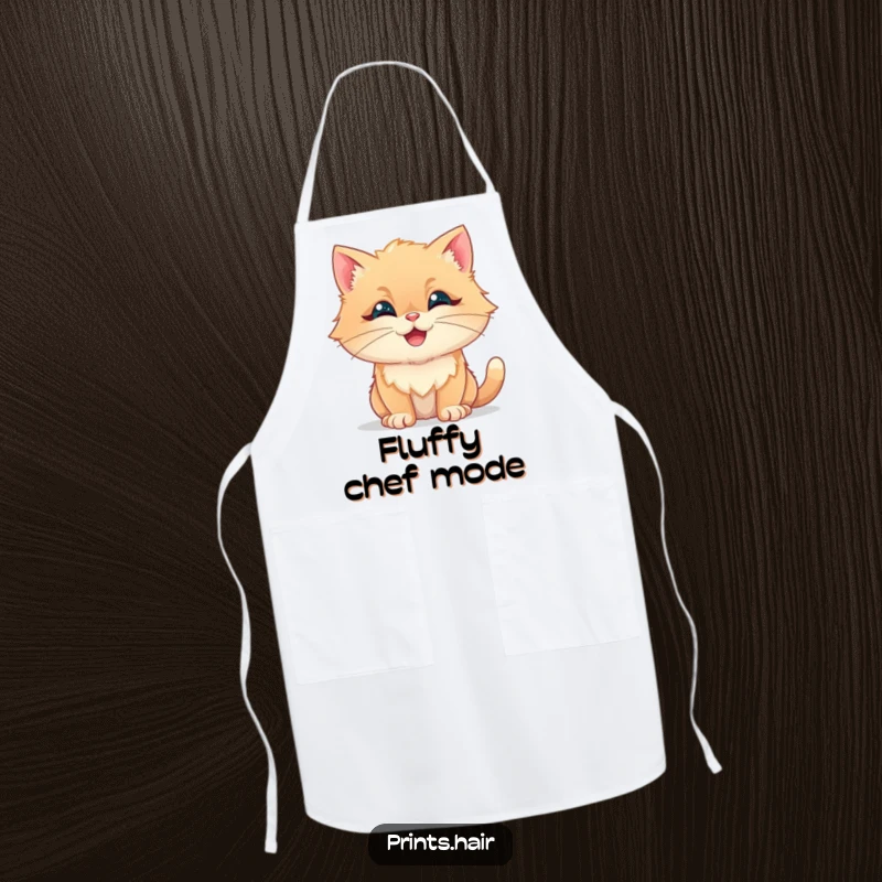 Funny Apron: A happy cat with its fur styled into whimsical, fluffy shapes, looking cheerful while cooking.