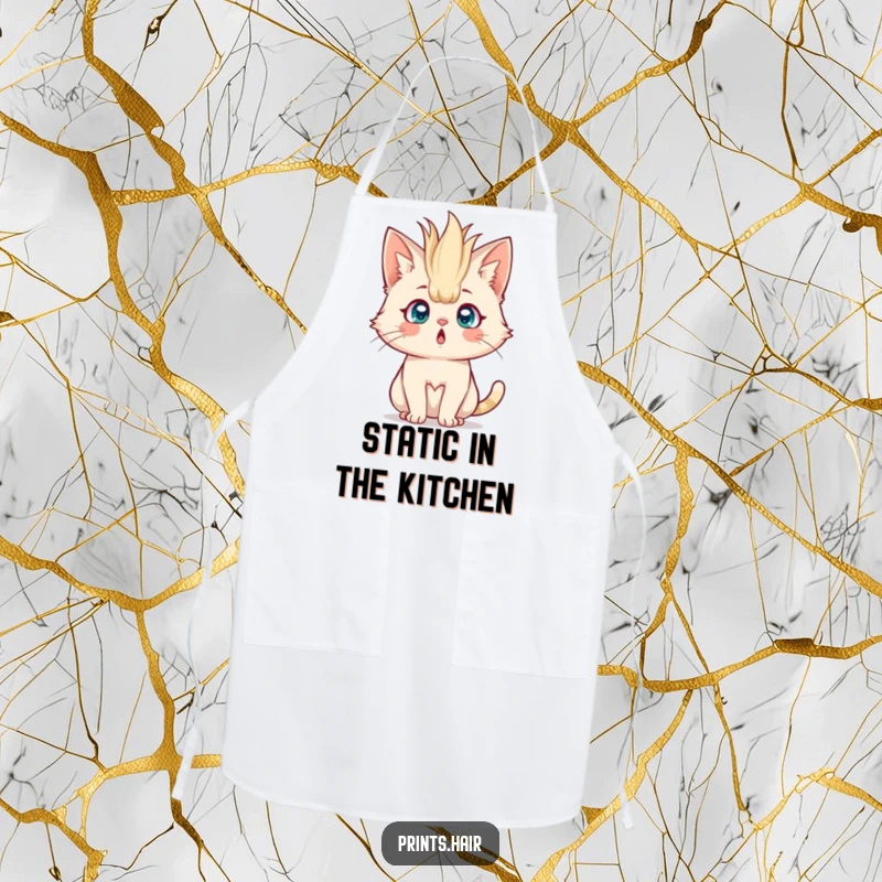 Funny Apron: A shocked cat with comically large, standing-up hair, looking surprised while cooking.
