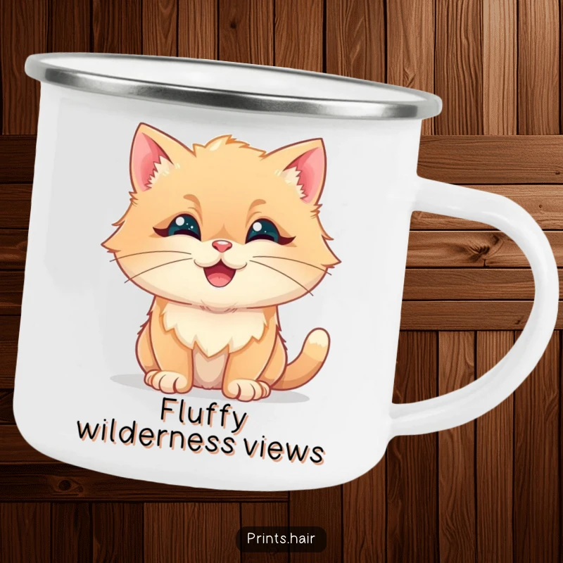Funny Camping Mug: A happy cat with its fur styled into whimsical, fluffy shapes, looking cheerful outdoors.