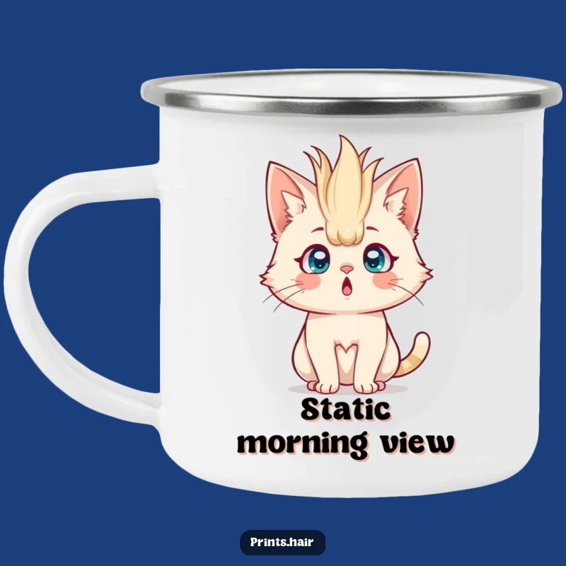 Funny Camping Mug: Shocked Cat With Wild Hair, Perfect For Outdoor Laughs