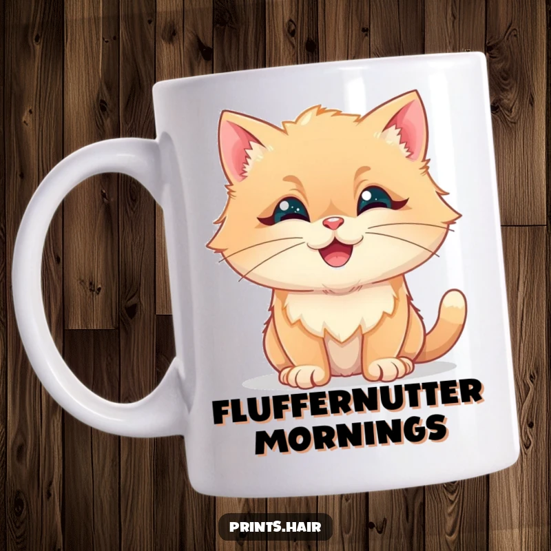 Funny Happy Cat Mug: A smiling cat with its fur styled into fun, whimsical, fluffy shapes like clouds or pom-poms.