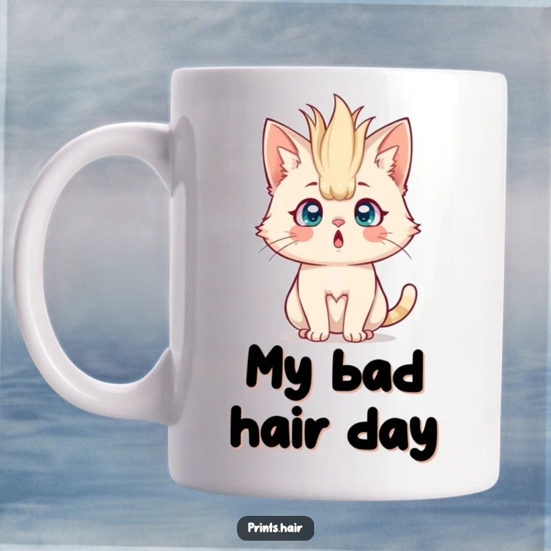 Funny Mug: A shocked cat with comically oversized, spiky hair standing straight up, looking utterly surprised and bewildered.