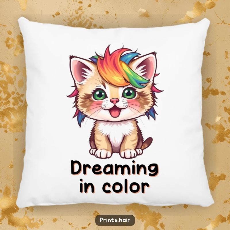Funny Pillow: A cute kitten wearing a small, brightly colored, and unusual wig, looking cuddly.