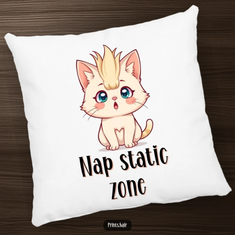 Funny Pillow: A surprised cat with comically huge, spiky hair standing straight up, looking astonished.