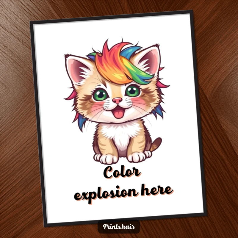 Funny Digital Art: A playful kitten wearing a tiny, vibrant, and unusual wig, a charming illustration.