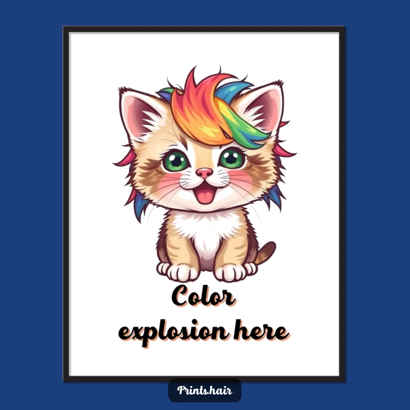 Funny Digital Art: Kitten In Vibrant Wig, Instant Whimsical Wall Decor