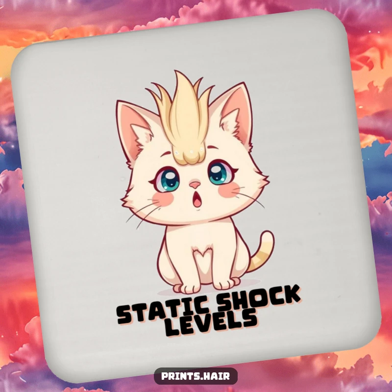 Funny Coasters: A shocked cat with comically large, spiky hair standing straight up, protecting drinks.