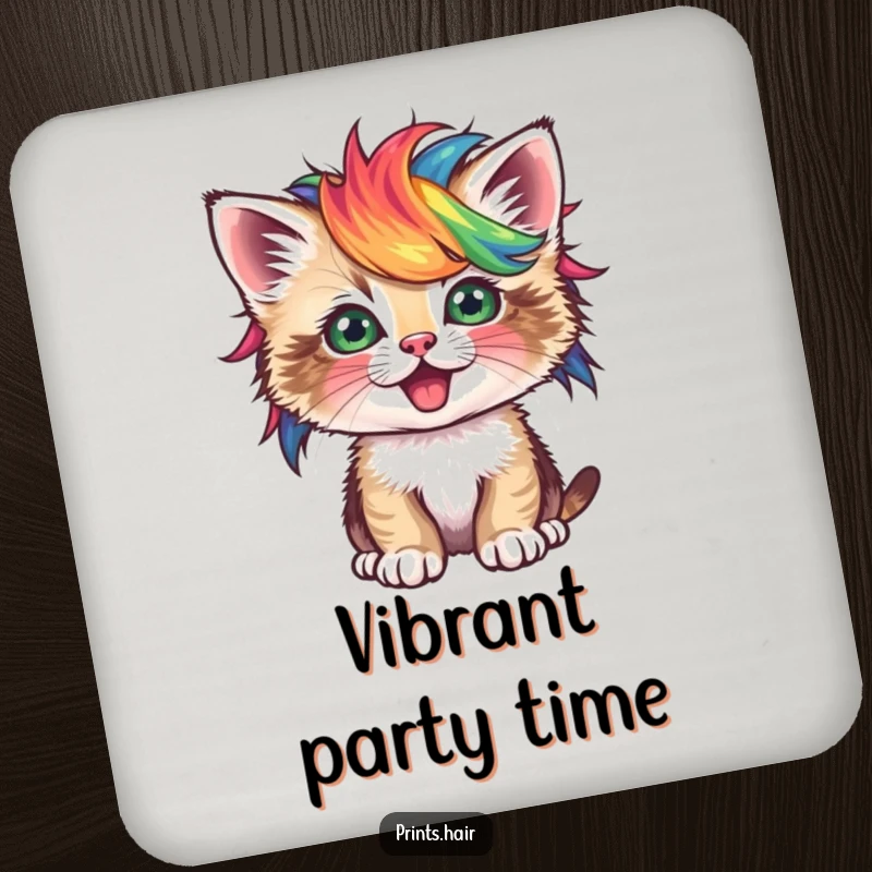 Funny Coasters: A cute kitten wearing a small, vibrant, unusual wig, protecting surfaces with style.