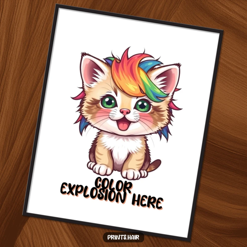 Funny Poster: A playful kitten wearing a tiny, vibrant, and unusually colored wig, looking charming.