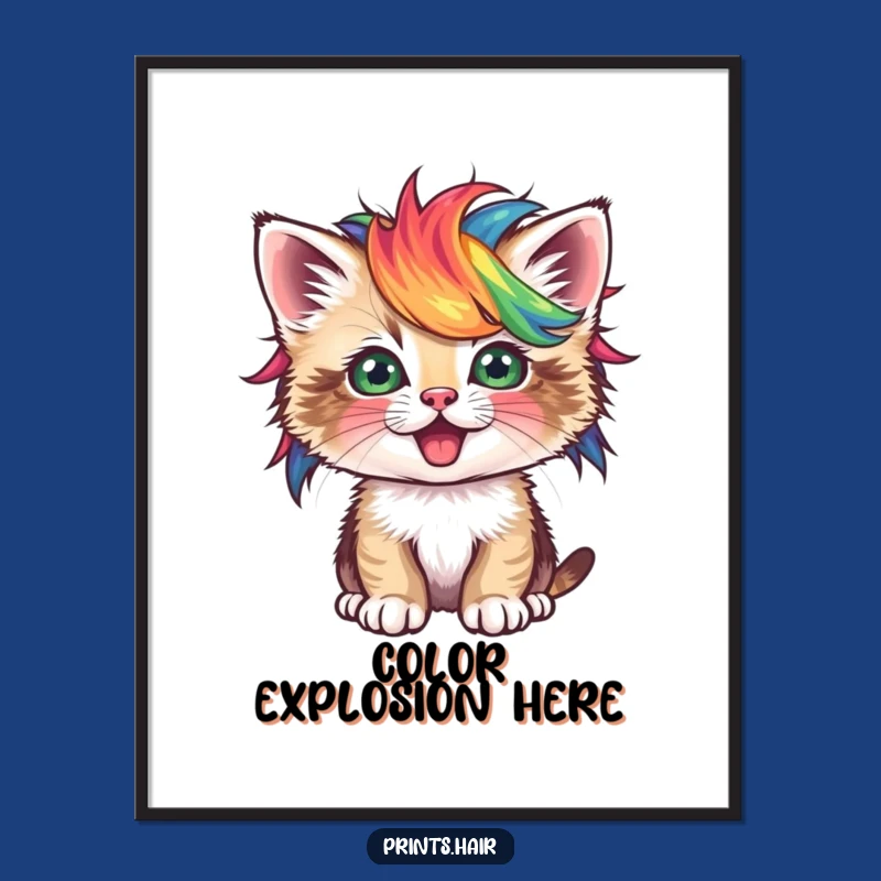Funny Poster: Kitten In Vibrant Wig, Whimsical Wall Art For Playful Spaces