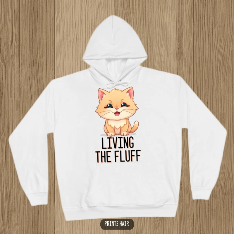 Funny Hoodie: A joyful cat with its fur styled into charming, fluffy, whimsical shapes, looking content.
