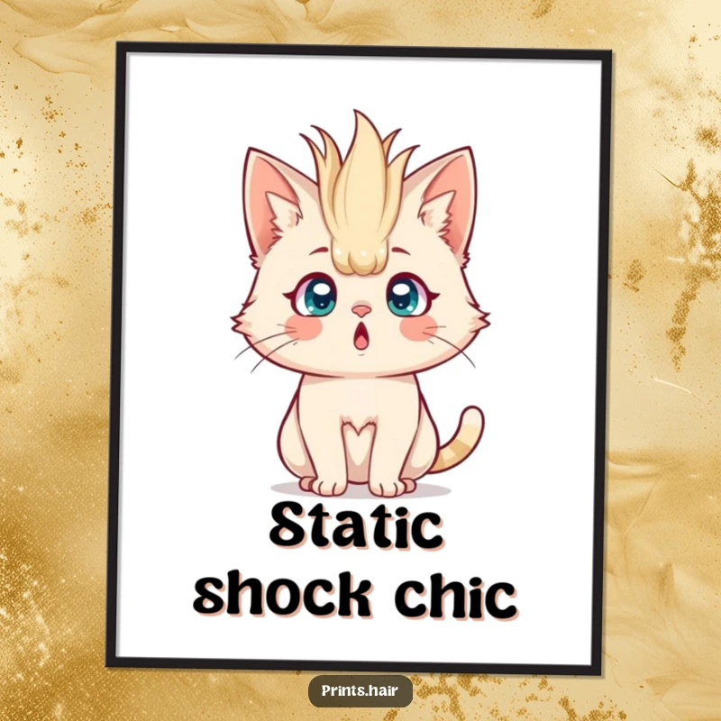 Funny Free Printable Wall Art: Shocked cat with extremely voluminous, upright hair, creating a humorous statement piece for any room.