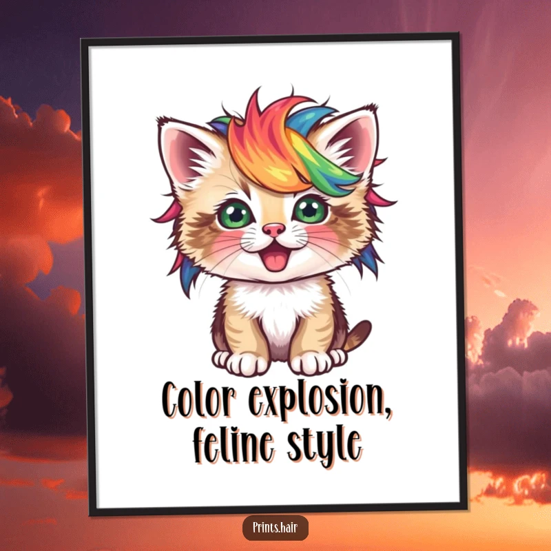 Funny Free Printable Wall Art: Playful kitten rocking a vibrant, unique wig, adding a touch of whimsical flair to any wall.