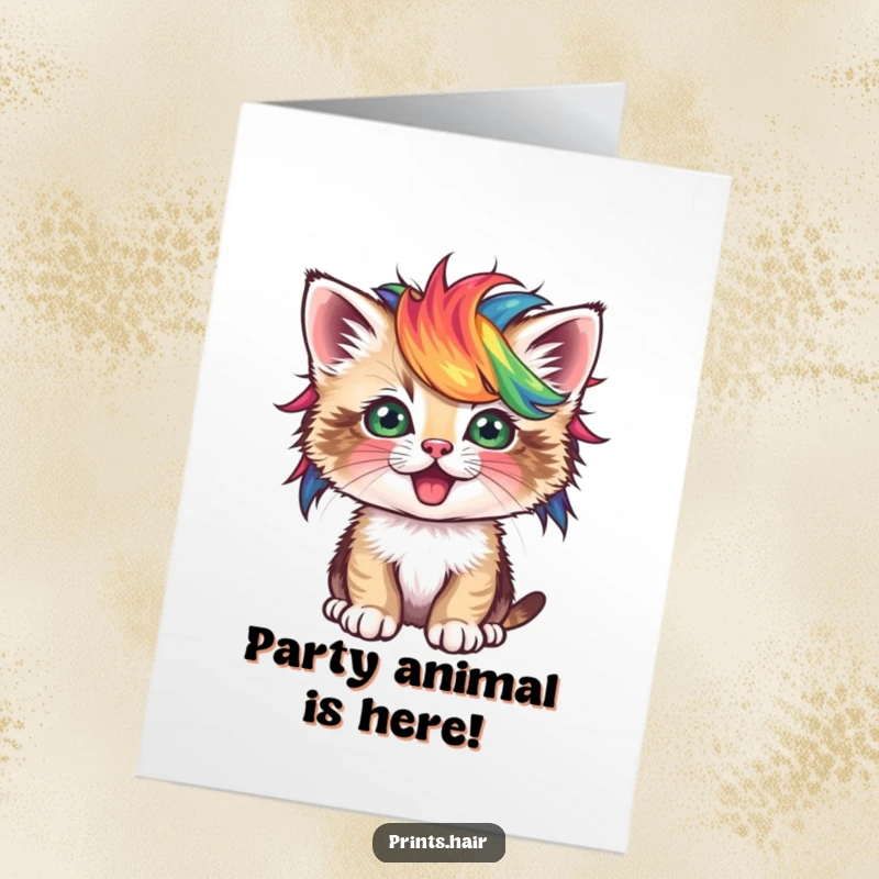 Funny Free Printable Birthday Card: Playful kitten sporting a vibrant, unusual colored wig, looking mischievous, ideal for print at home.