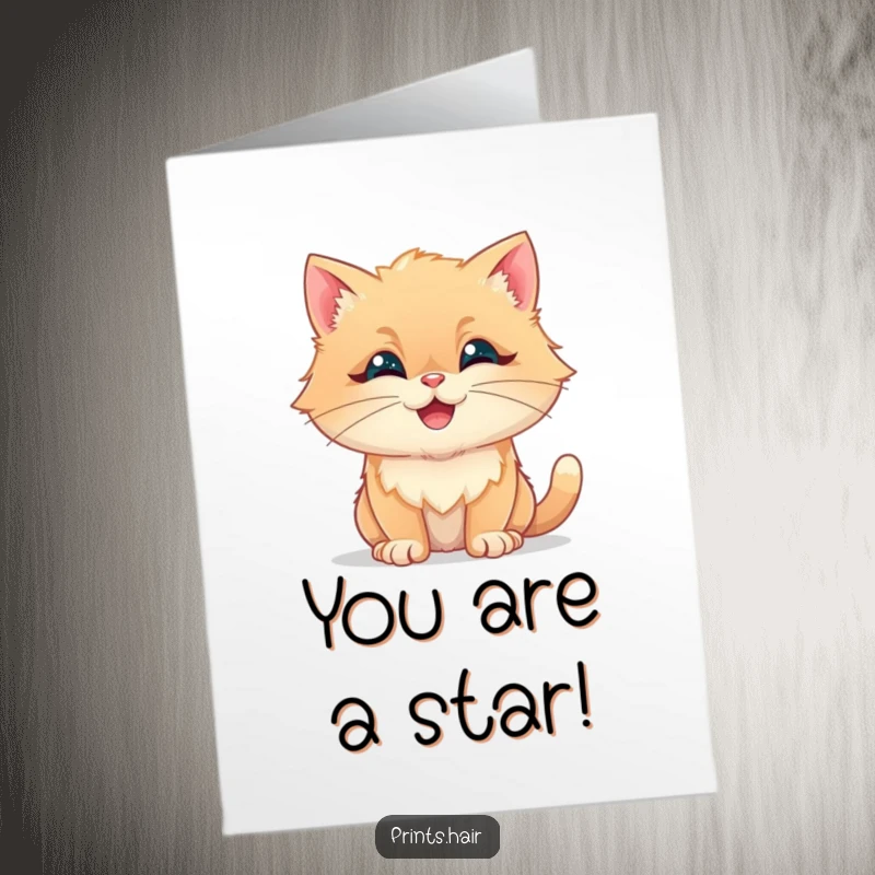 Funny Free Printable Congrats Card: Cat with elaborate, fluffy fur shapes, looking proud and celebratory, ideal for print at home.