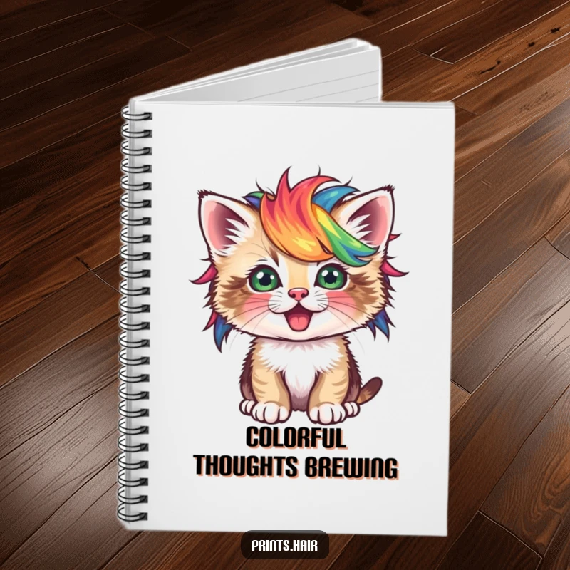 Funny Notebook: A cute kitten wearing a small, brightly colored, unusual wig, ready to write.