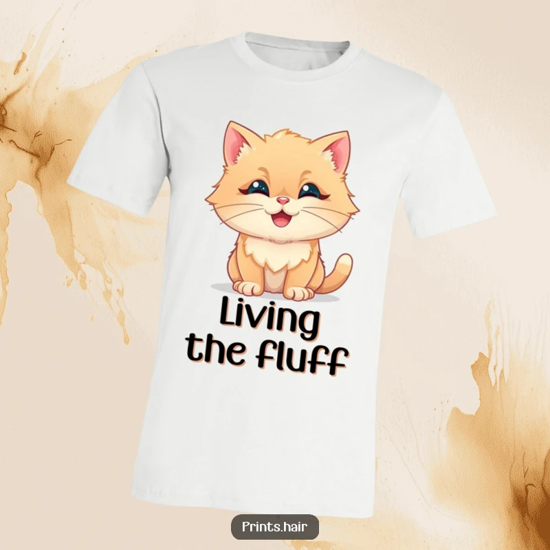 Funny T-Shirt: A happy cat with its fur sculpted into cute, fluffy, whimsical shapes, looking delighted.