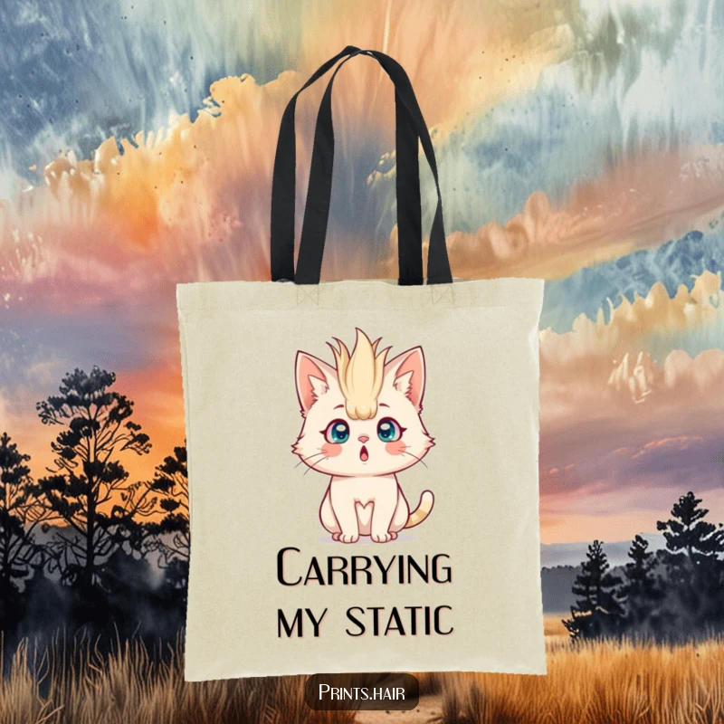 Funny Tote Bag: A wide-eyed cat with comically massive, upright, spiky hair, looking utterly shocked.