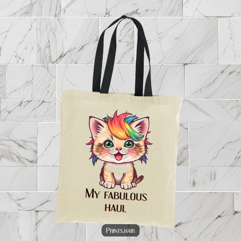 Funny Tote Bag: A cute kitten wearing a small, vibrant, and unusual wig, looking playful and stylish.