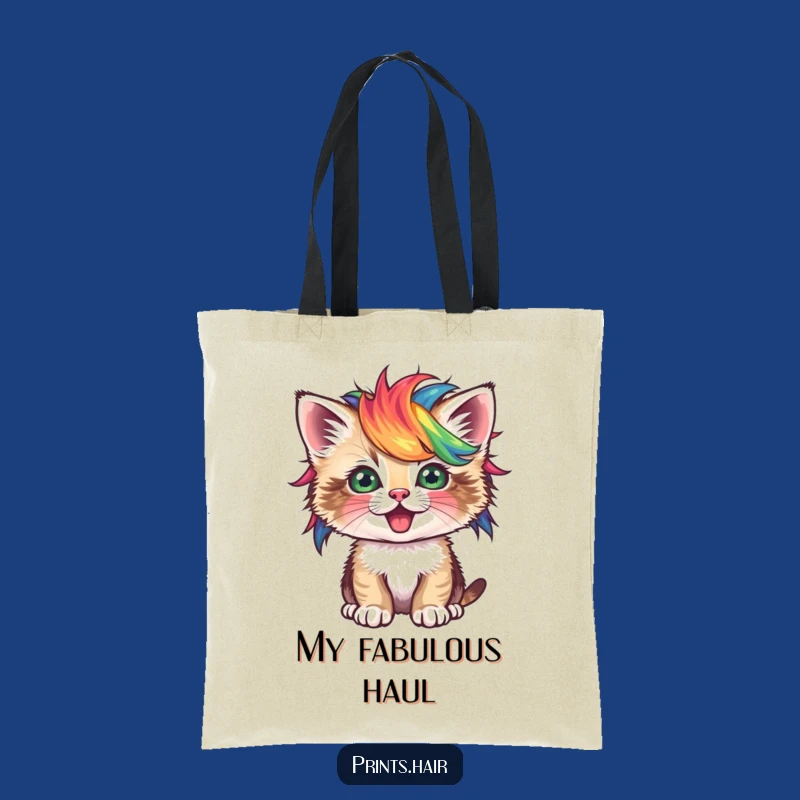 Funny Tote Bag: Kitten With Colorful Wig, Stylish & Humorous Carry-All